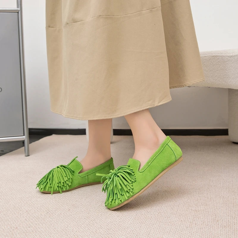 AIYUQI Women's Flat Shoes Genuine Leather 2026 New Tassel Women's Loafers Large Size Ballet Mary Jane Shoes For Women