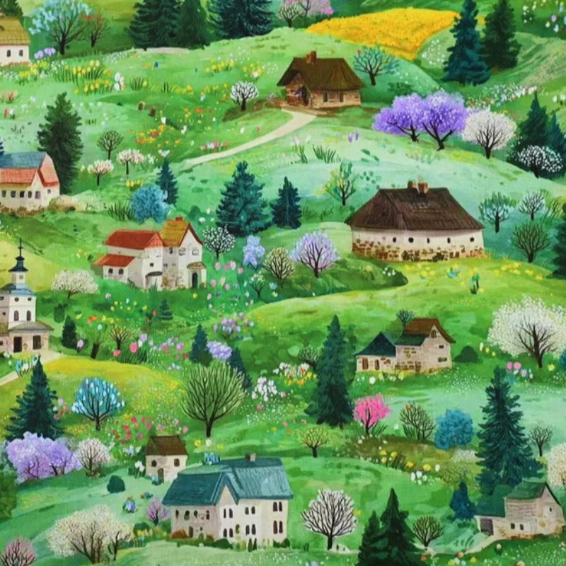 GREEN HANDPAINTED ARCHITECTURE COTTON FABRIC - 100% Cotton, Woven Brocade - Creative Rooms