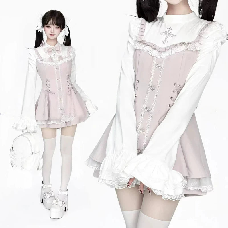 Japanese Gothic Lolita Dress Set Women Harajuku Y2k Bow Lace Ruffles Collar Mini Dresses Female Elegant Party Cute Dress