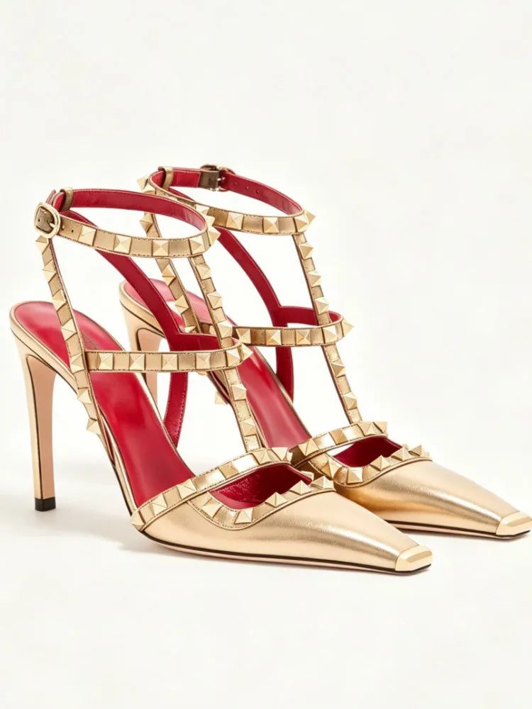 Studded High Heel Sandals – T-Strap Pointed Toe Stiletto Party Heels