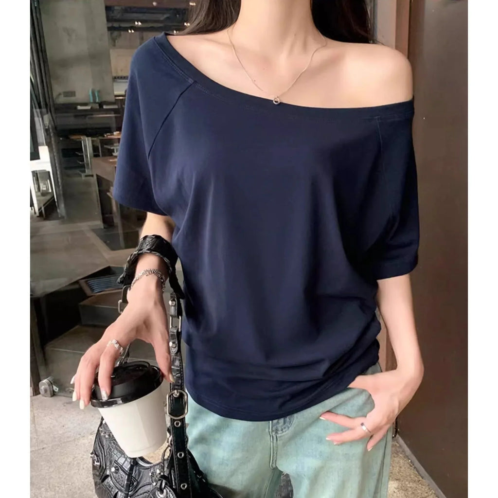 Autumn Winter One Shoulder Cotton Long Sleeve Slant Shoulder Women's Clothing Style Interior Wide Truffle Shoulder Base Shirt