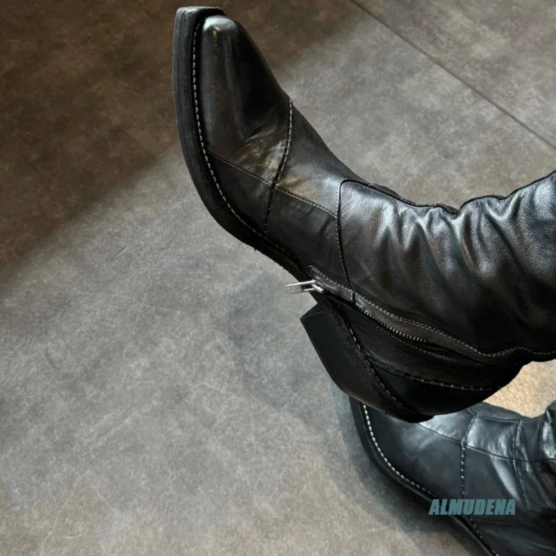 DARK WEST - Square Toe Faux Leather Ankle Boots - Street Edge Meets Western Soul