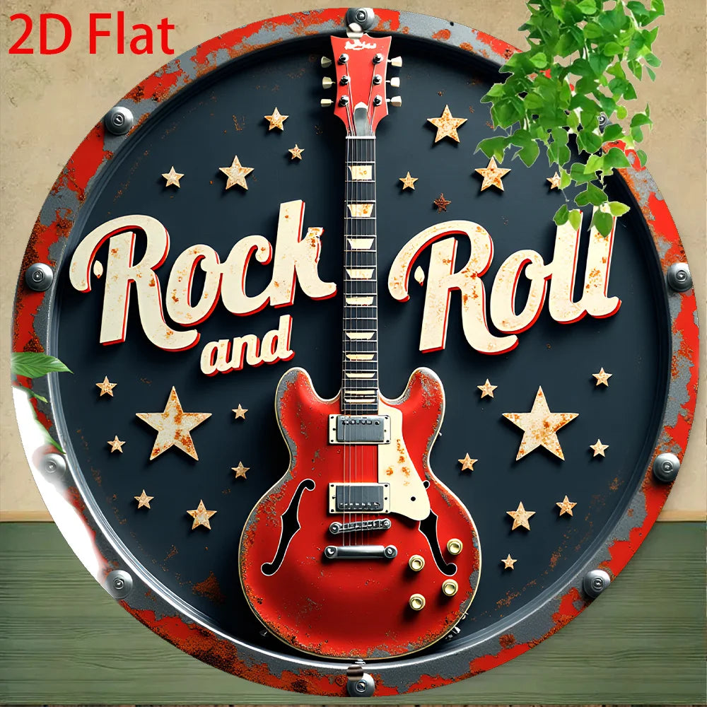 Rock 'n' Roll Tin Sign - Red Electric Guitar - Retro Wall Pop