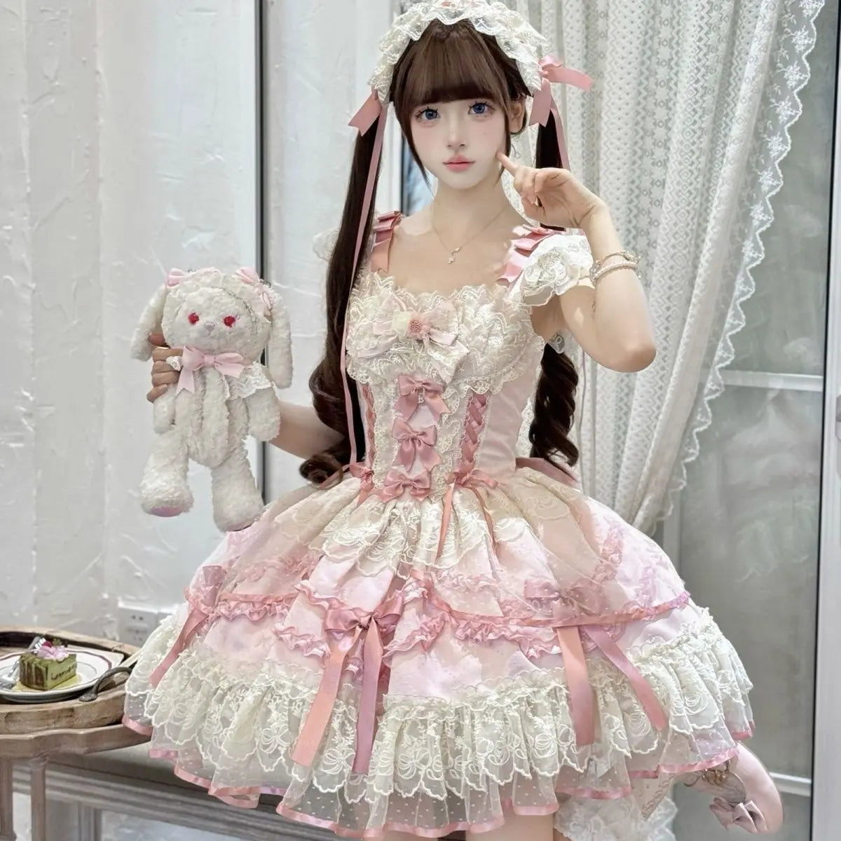 2026 New Sweet Lolita Dress Women Ruffled Lace Halter Neck Cute Dress Bow Princess Party Dress Kawaii Gothic Cosplay Costume