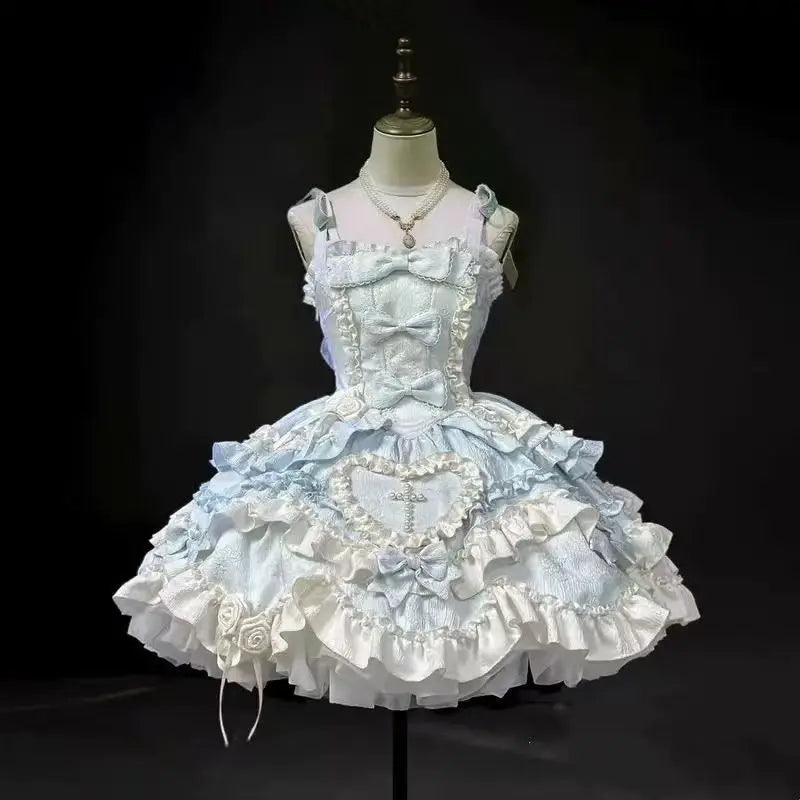 2026 New Sweet Lolita Dress Women Ruffled Lace Halter Neck Cute Dress Bow Princess Party Dress Kawaii Gothic Cosplay Costume