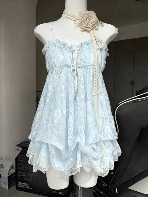 2000s Gothic Vintage Mini Dress Women Sleeveless Strap Party Dress Evening Lace Retro Cltohing Japanese Y2k Black Chic Lolita