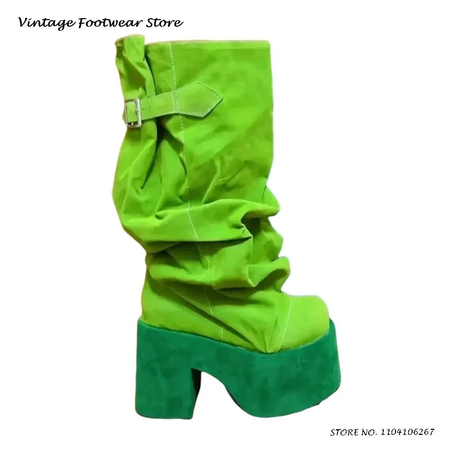 Patchwork Pleated Suede Knee-High Platform Boots