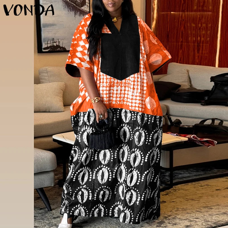 Plus Size 5XL VONDA Women Vintage Dress Bohemian Print Maxi Vetido Party 3/4 Sleeve Patchwork Robe V-Neck Casual Loose Sundress