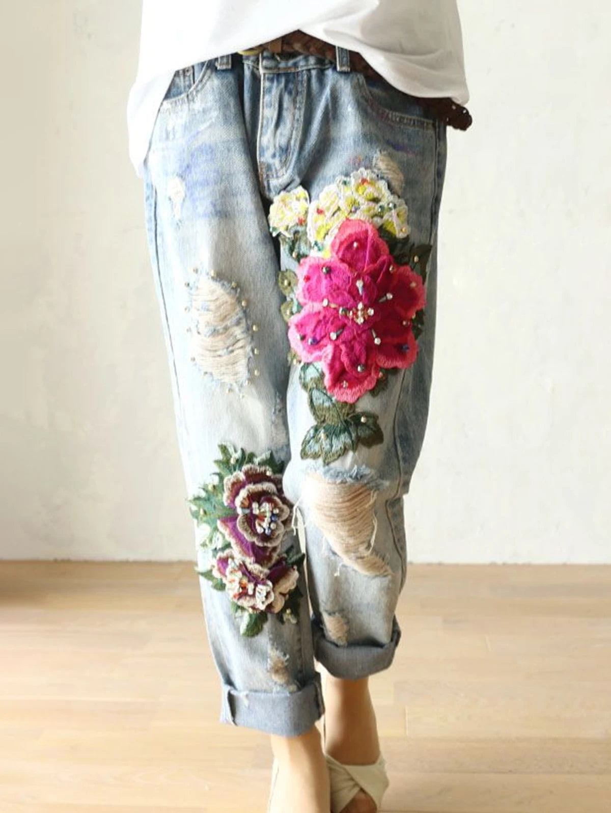 Bloom Boom Riot - 3D Floral Embroidered Ripped Boyfriend Jeans with Pearls