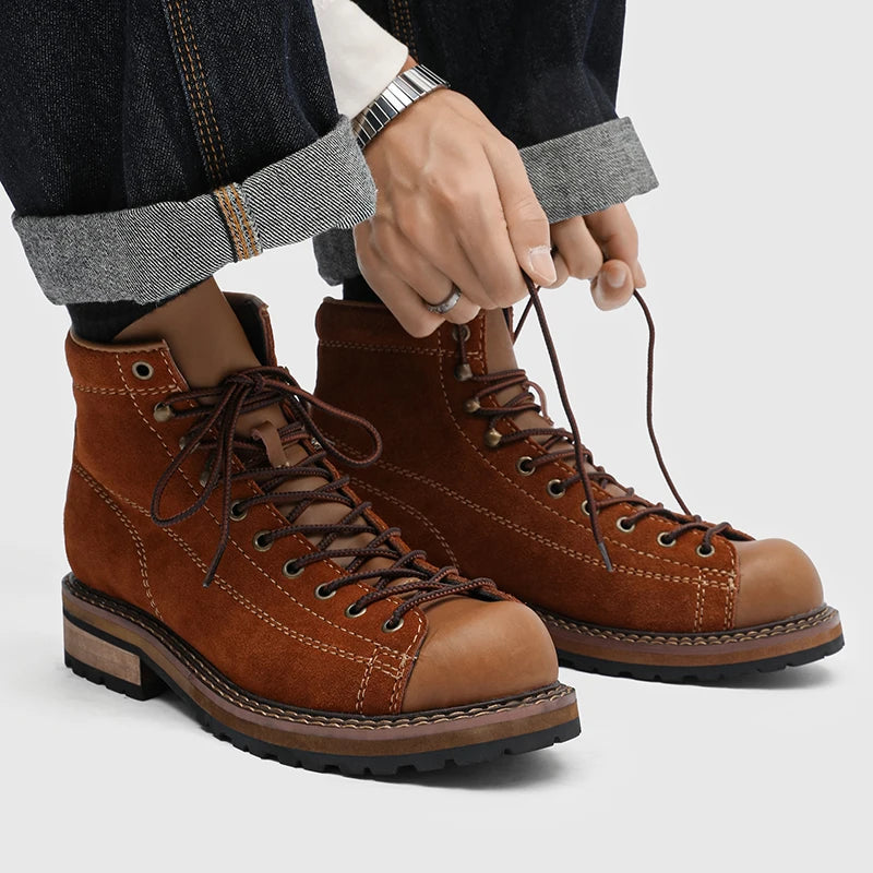 Men's Vintage High-Top Ankle Boots - British Style Split Leather Lace-Up Work Boots