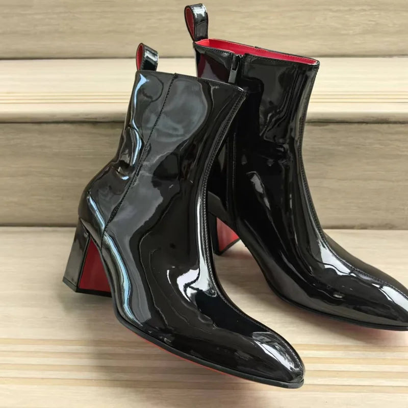 PATENT NOIR - Men's Luxury Patent Leather Chelsea Boots - Pointed Toe, Handmade, Mid-Calf