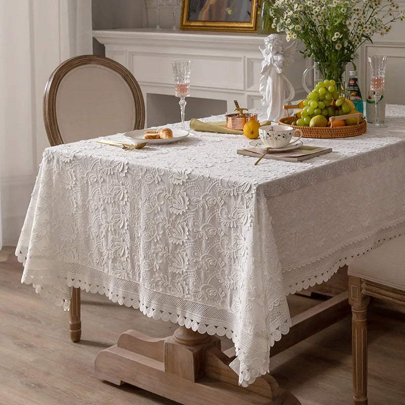 WHITE LACE TABLECLOTH - Cotton Floral Embroidery - Elegant Tables