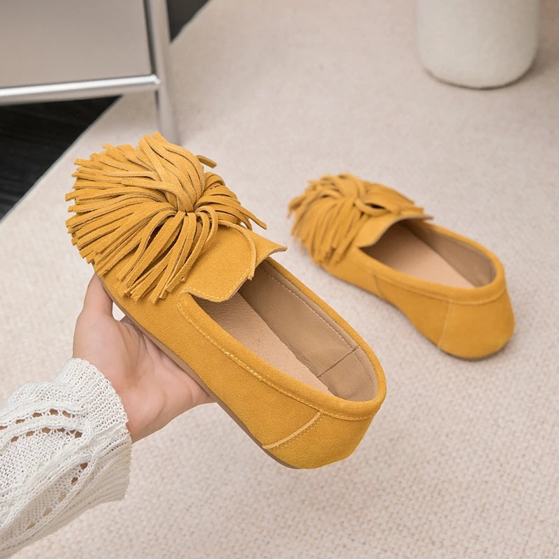 AIYUQI Women's Flat Shoes Genuine Leather 2026 New Tassel Women's Loafers Large Size Ballet Mary Jane Shoes For Women
