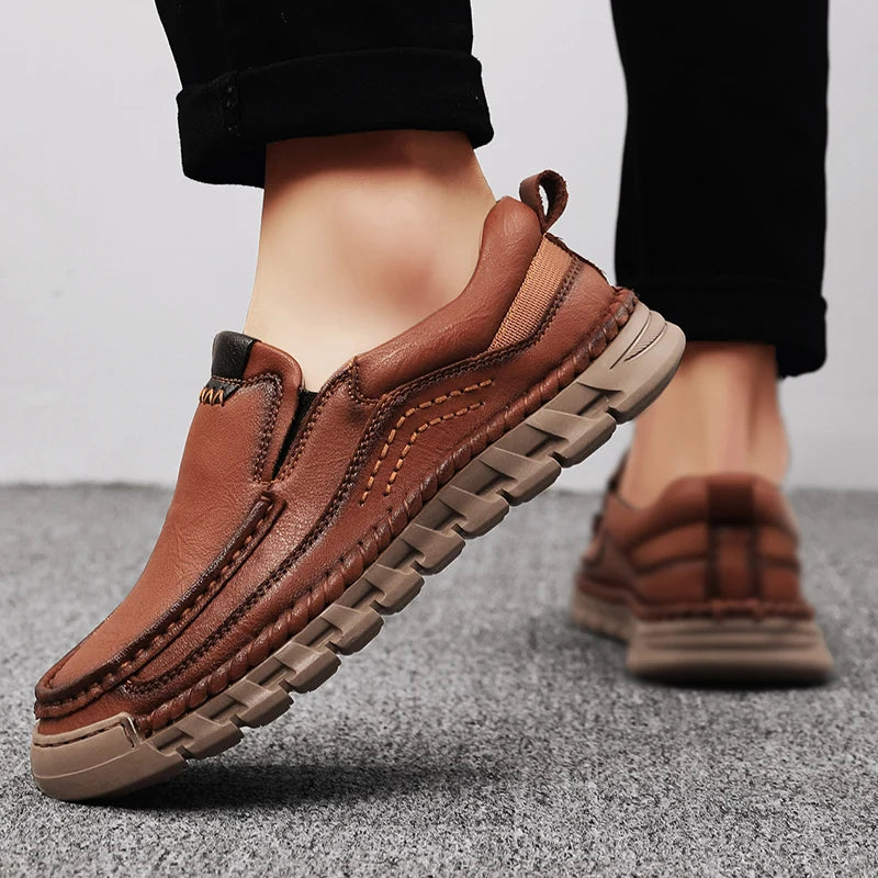 EASY GRAIN - Men's Handmade Split Leather Loafers - Flat Moccasins, Casual Comfort