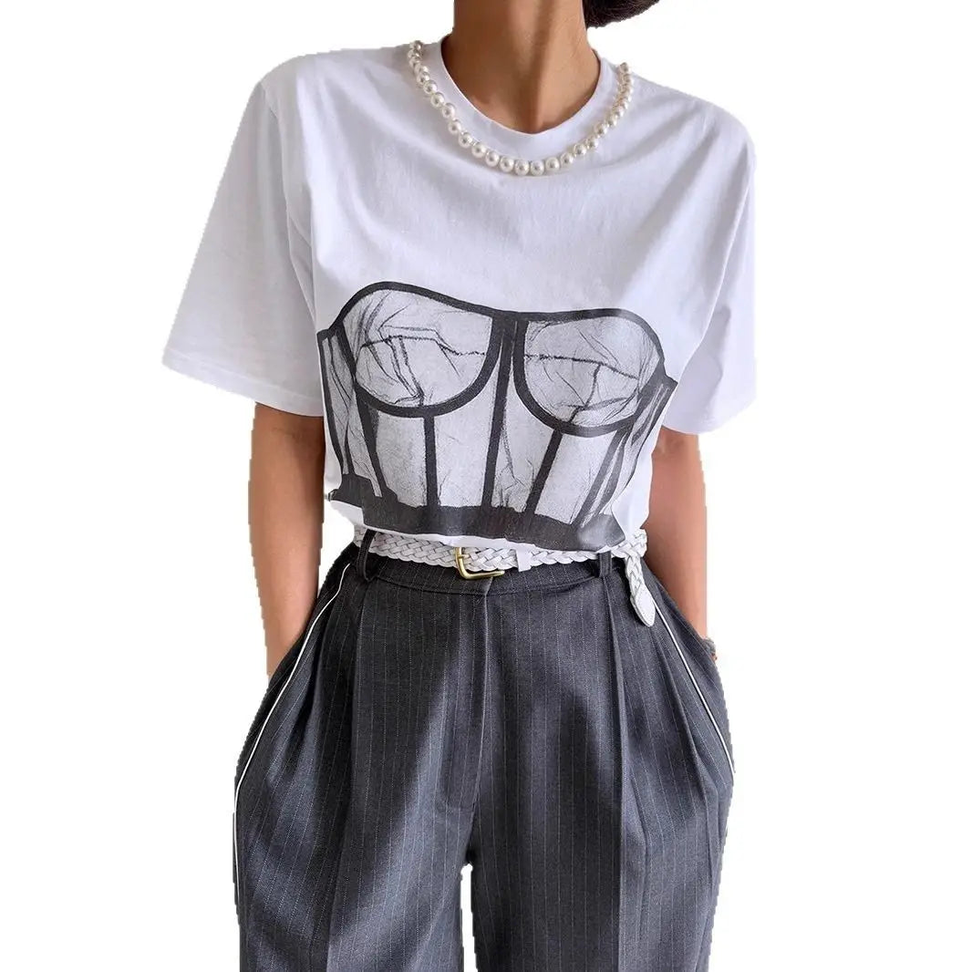 European And American Summer Loose Casual T-shirt Printed Bra Design Sexy women's Short Sleeved Shirt