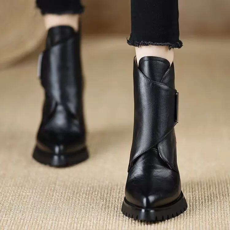 Pointed Toe Mid-Calf Boots – Square Heel