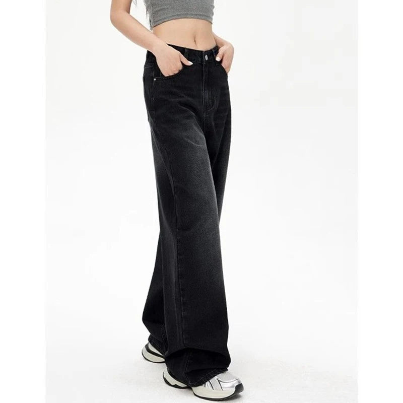 Retro High Waist Straight Leg Jeans - Washed Black Loose Fit