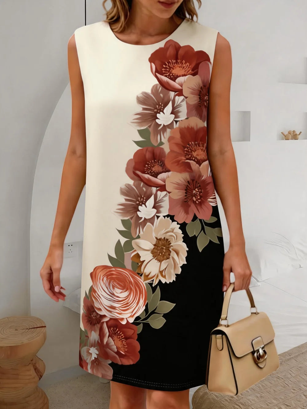 Summer New Women's Casual Fresh Simple Flower Leaves Graphics Sleeveless Dress Knee-Length Dresses Holiday Loose Woman Clothing
