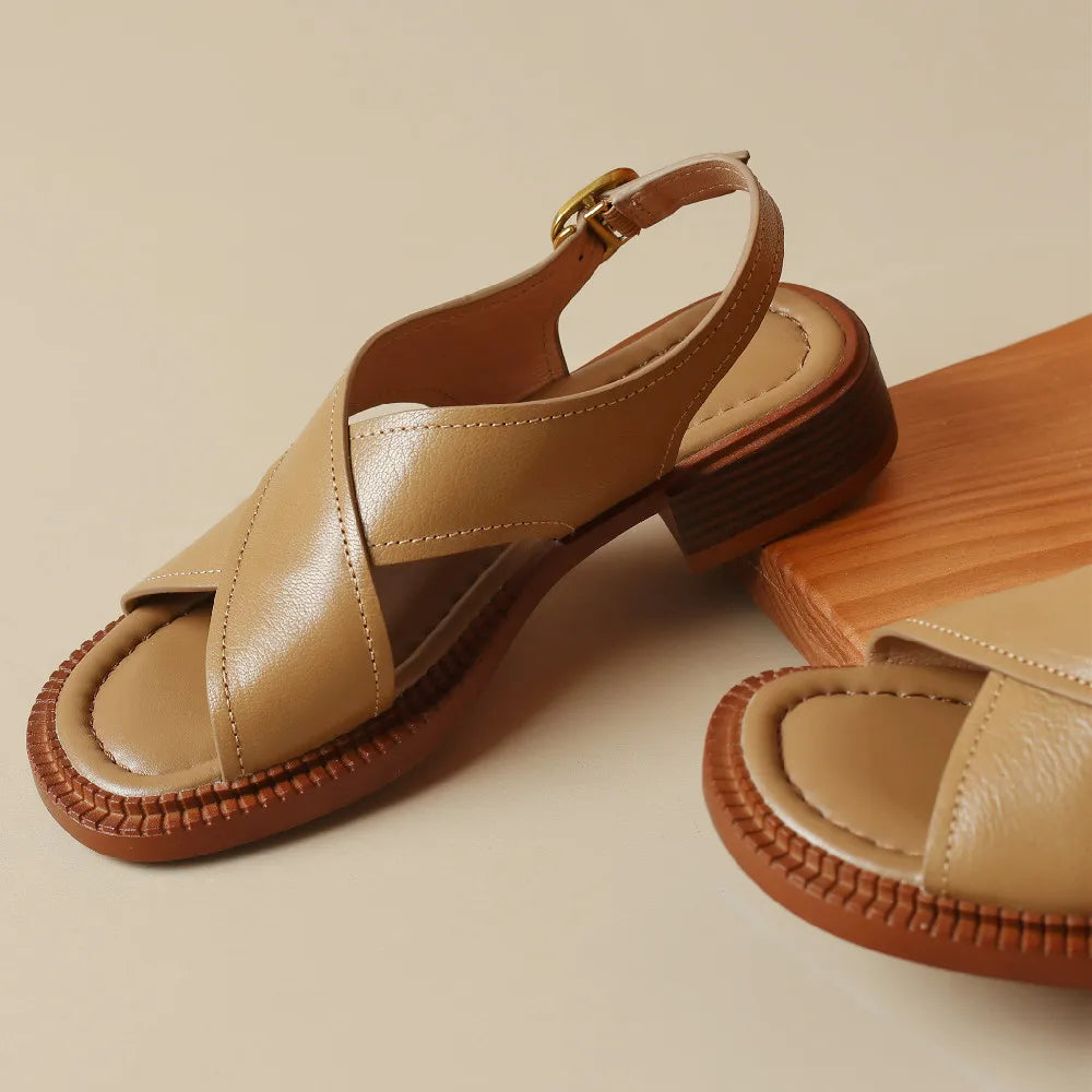 Women's flats sandals genuine leather cross strap open toe summer casual female footwear high quality soft comfortable plus size