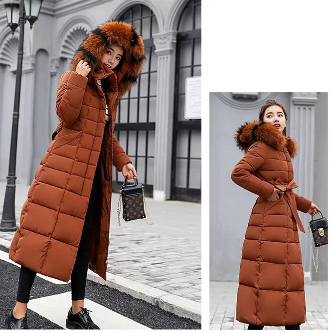 Long Fur Collar Parka – Over-Knee Hooded Padded Coat