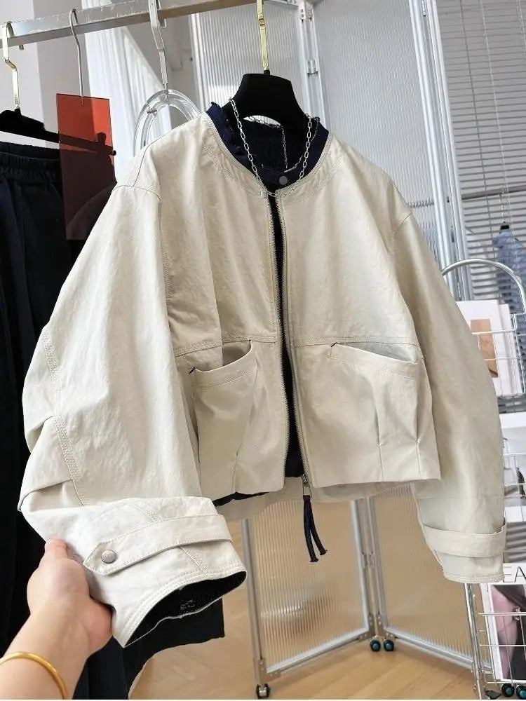 Ladies Short Jacket 2026 Spring Autumn Temperament Round Neck Lady Outerwear Casual Elegant Women's Be All-match Coat
