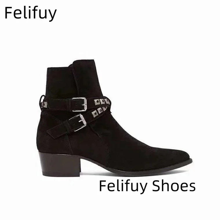 Rivet Chelsea Boots - Buckle Strap Handmade Genuine Leather British Style Pointed Toe