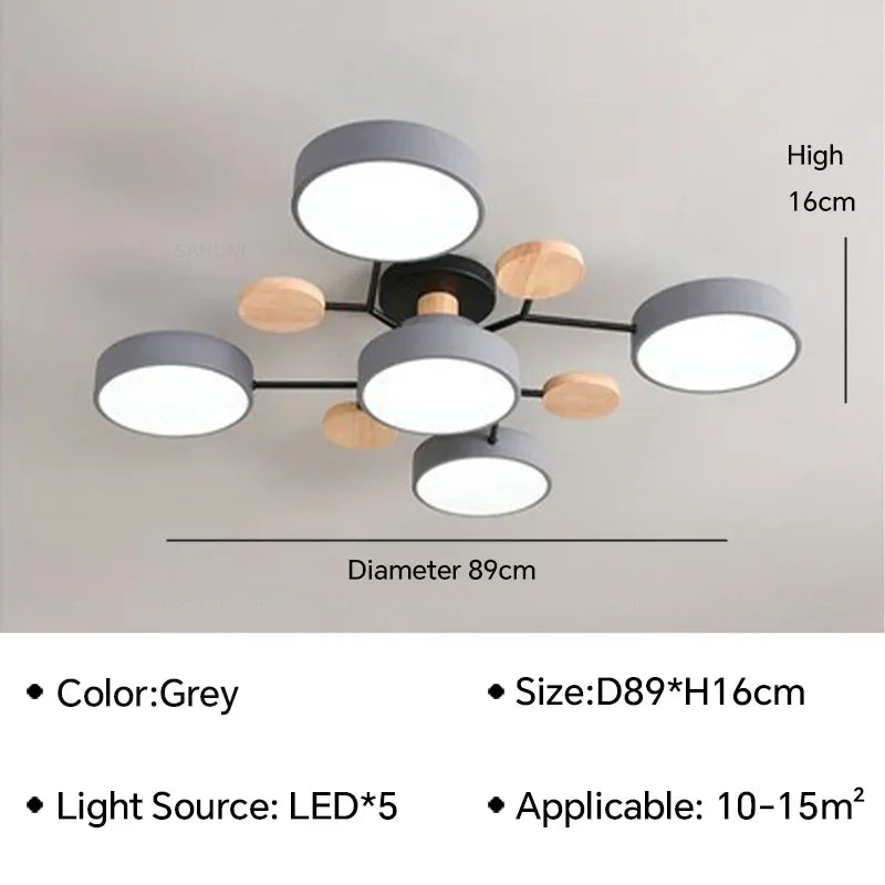 Macaron Wood Ceiling Light – 6 Colors, 1–7 Heads
