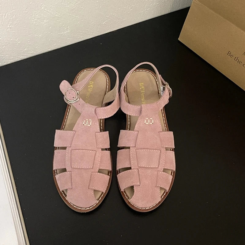 DIMANYU Women's Roman Sandals 2023 Summer New Flat Retro Real Leather Ladies Sandals Hollowed Women's Cage Shoes