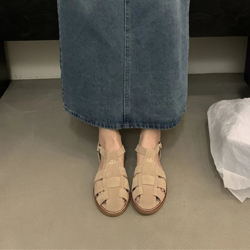 DIMANYU Women's Roman Sandals 2023 Summer New Flat Retro Real Leather Ladies Sandals Hollowed Women's Cage Shoes