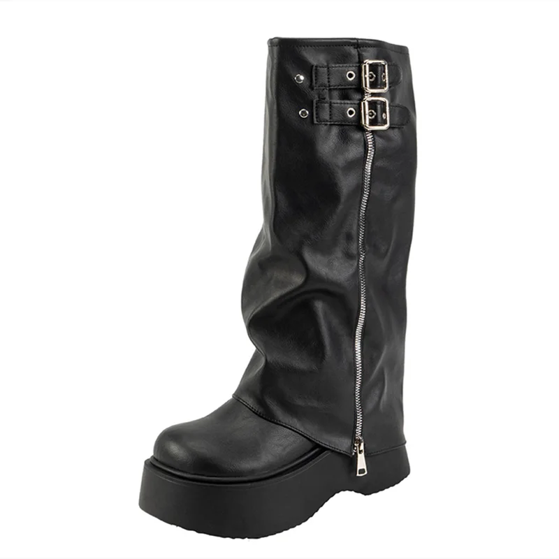Buckle Rivet Mid-Calf Riding Boots