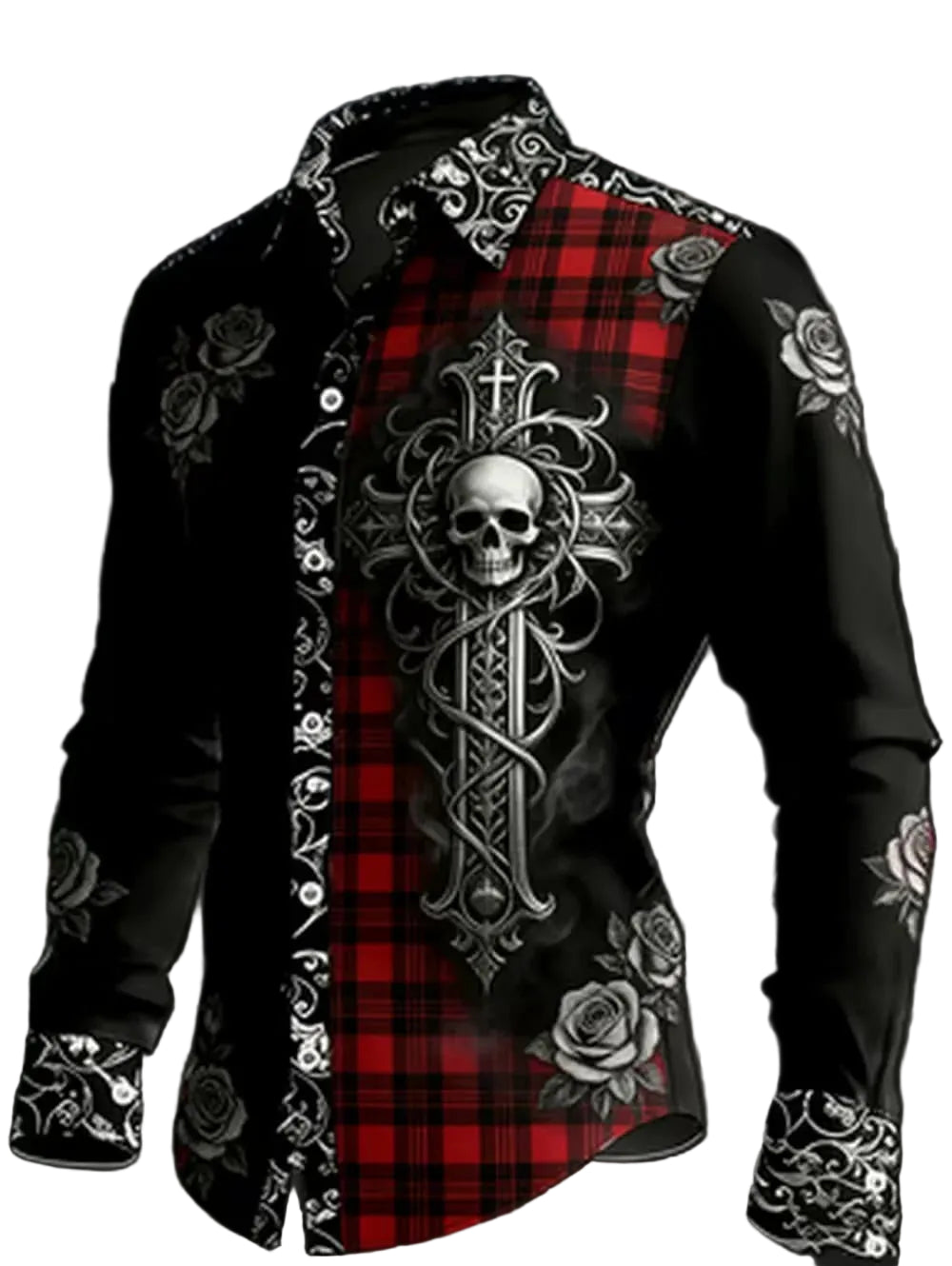 Gothic Skull Cross Shirt Men Long Sleeve Red Plaid 3D Print