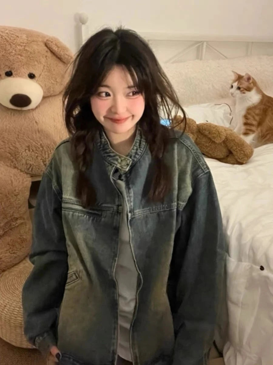 Vintage Washed Denim Jacket - Ruffled Collar