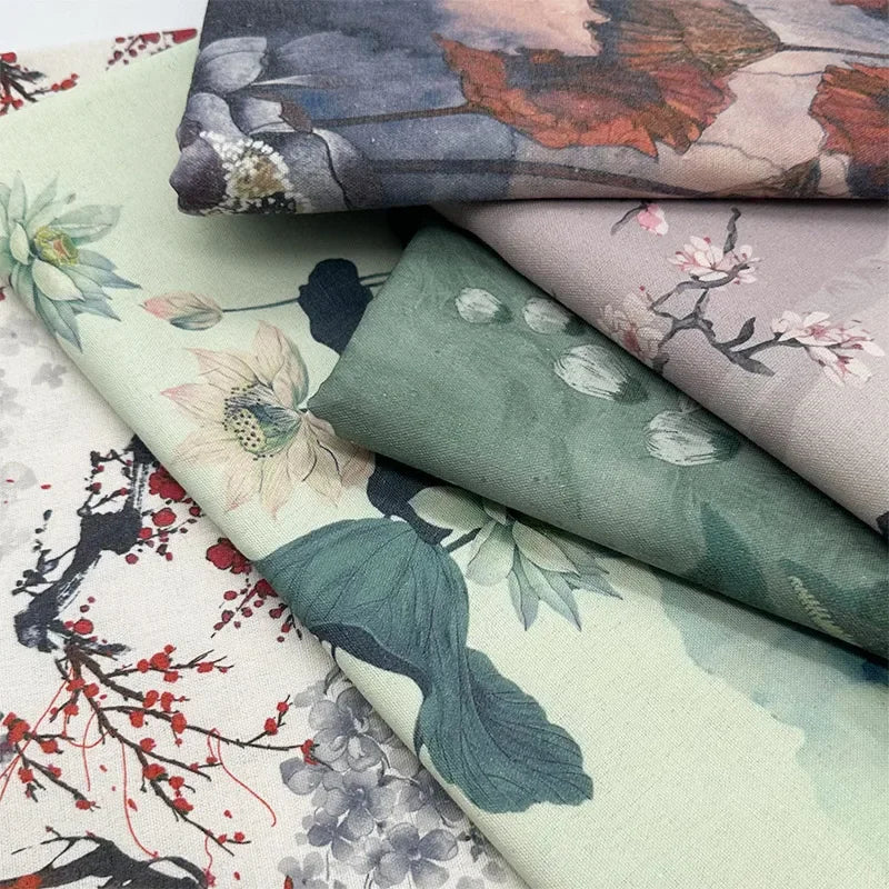 0.5m/1m/2m Encrypted Cotton Linen Retro Chinese Ink Style Fabric for Decorative Cloth, Tablecloths, Curtains, Handmade DIY Fabric