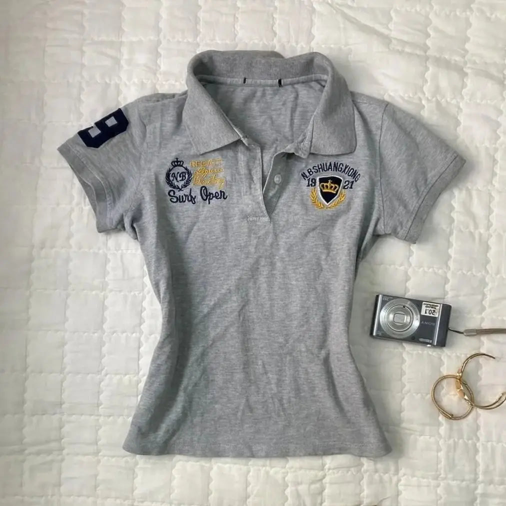 American retro vintage letter polo shirt patchwork short sleeved polo shirt women summer top trend shirts women streetwear
