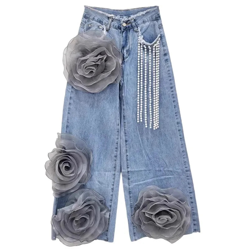 3D Floral High Waist Wide Leg Jeans