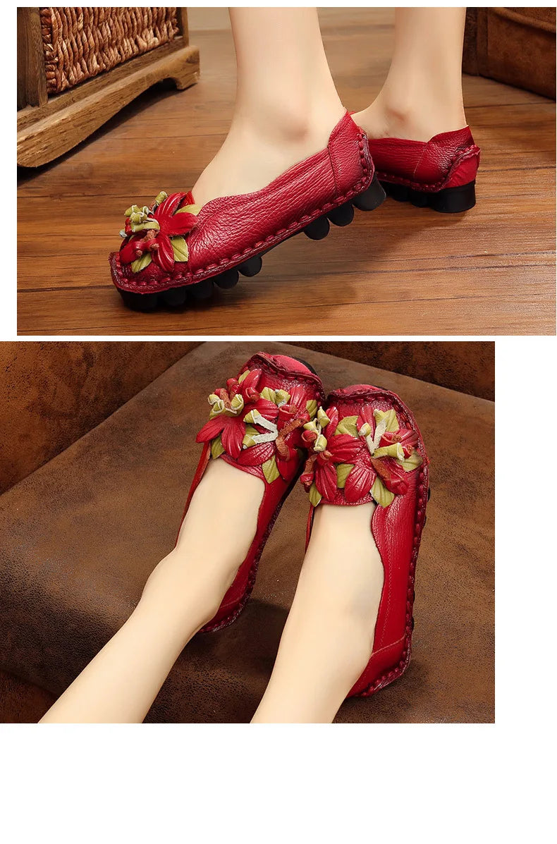 WOIZGIC Women Female Mother Ladies Genuine Leather Shoes Flats Loafers Non Slip On Flowers Retro Moccasins Plus Size 41 42
