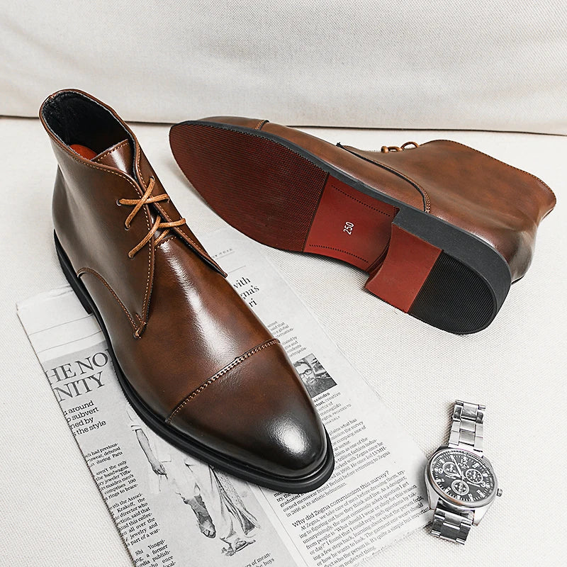 Classic Business Ankle Boots - Red Sole Lace-Up Low Heel Brown Black