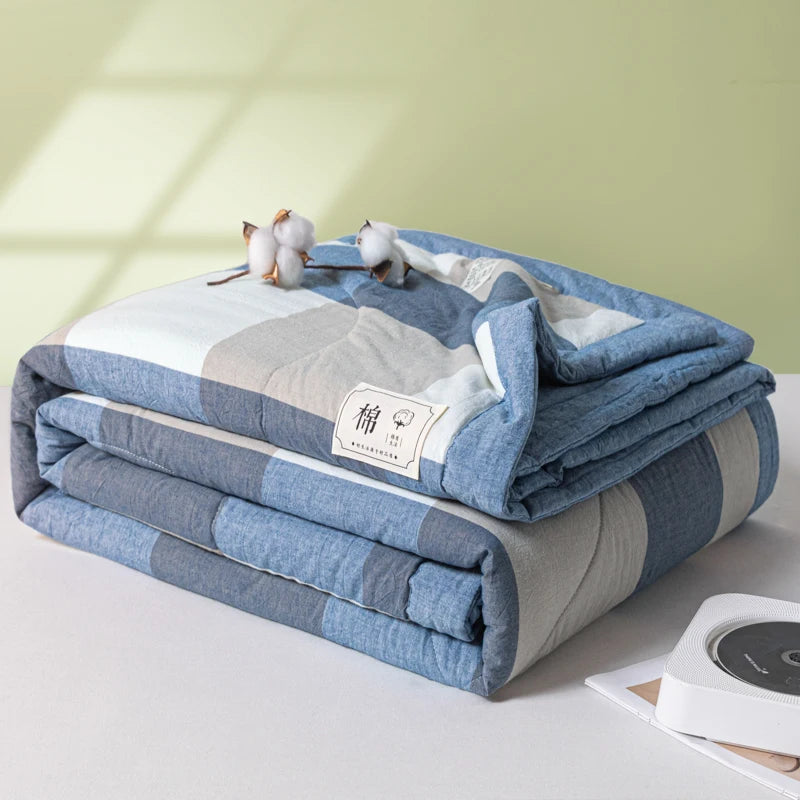 WASHED COTTON SUMMER COMFORTER - Pure Cotton Fill, Quilted Plaid - Cool Nights