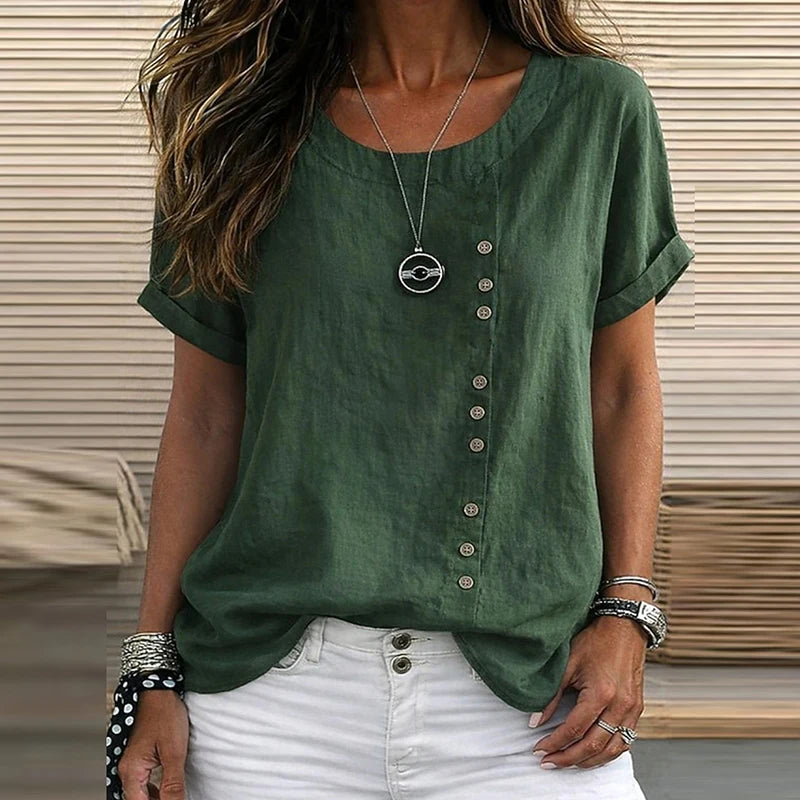 Vintage Short Sleeve Women T-Shirts O Neck Button Design Loose Tee Female Casual Harajuku Tops Summer Solid Color Oversize Tee