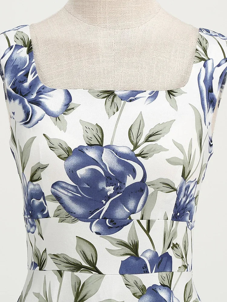 2025 New Hepburn Vintage Lemon Print 50s Pinup Women Cotton Dresses Square Neck Summer Sleeveless High Waist Elegant Party Dress