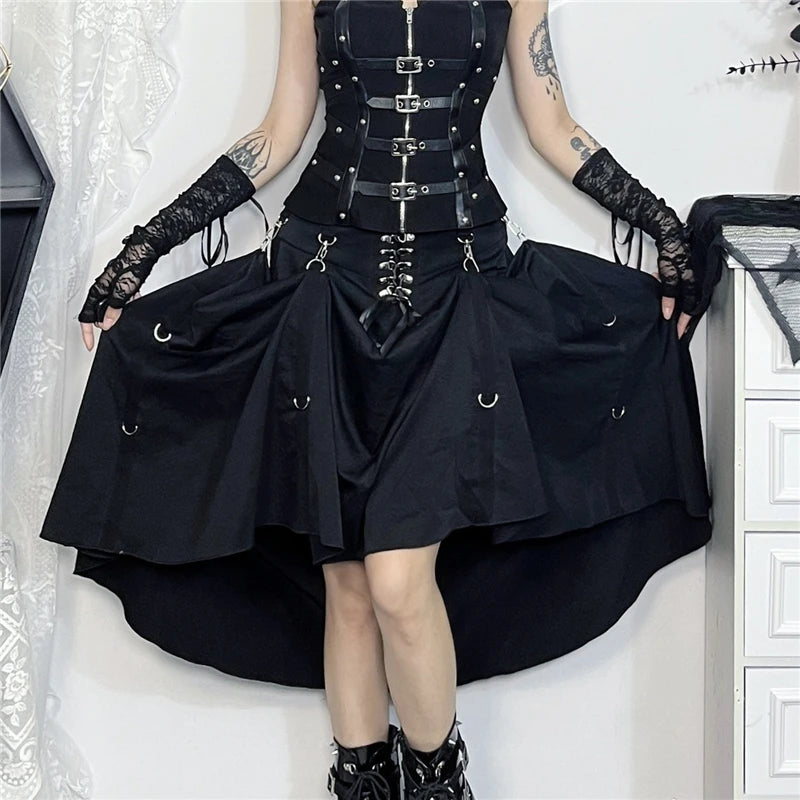 Goth Punk Lace-Up Long Skirt - Black Irregular A-Line with Rings