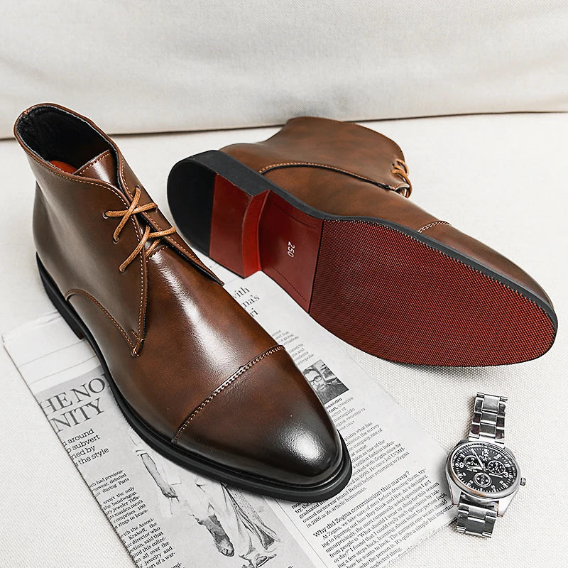 Classic Business Ankle Boots - Red Sole Lace-Up Low Heel Brown Black