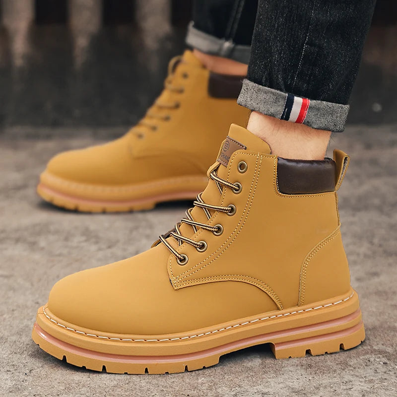 MAINALUN - Unisex Heavy-Duty All-Terrain High-Top Boots - PU/Fabric Lace-Up Ankle Boots