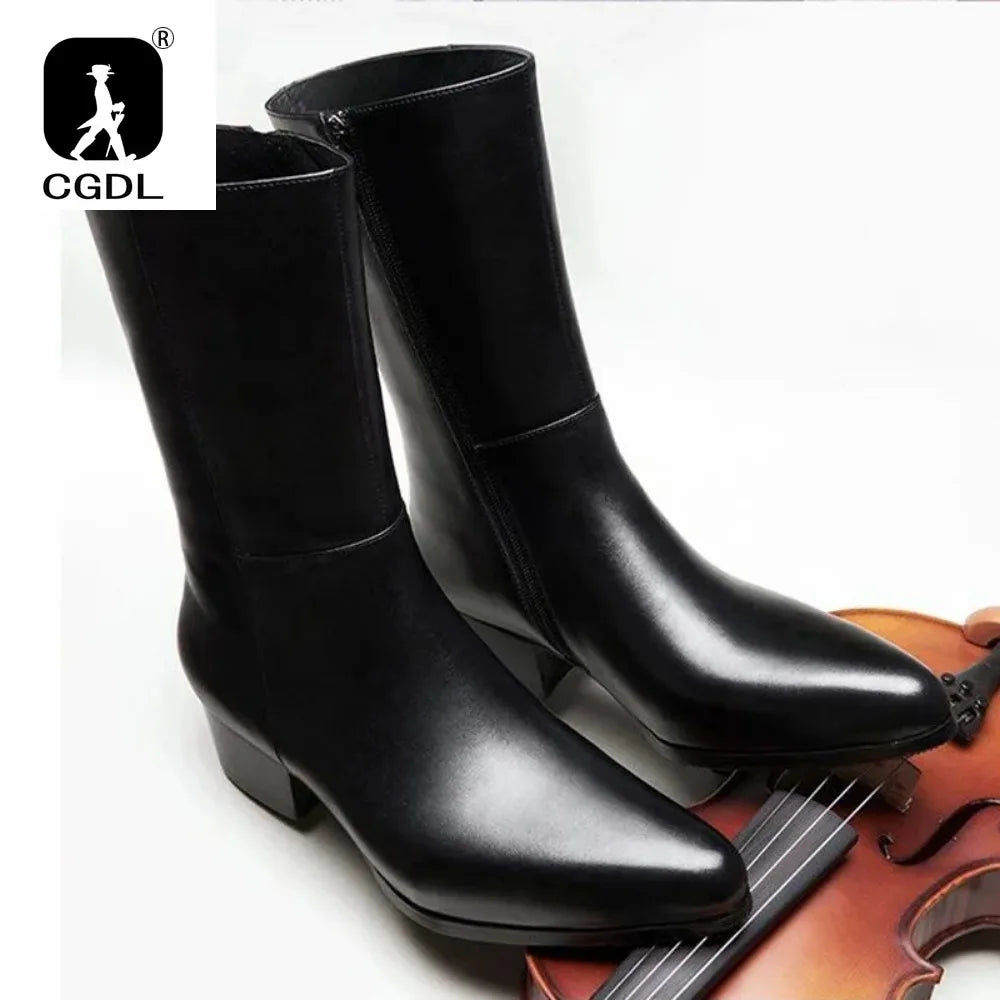British Luxury Mid-Calf Dress Boots - Genuine Leather Pointed Toe Zip Handmade