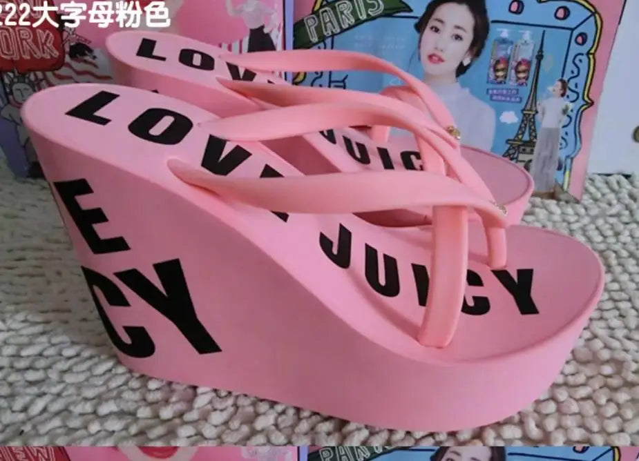 Platform Wedges Sandals Wedges Flip Flops High Heel Sandals Slippers White Beach Sandals Bohemia Flip Flops Pink size 32--43