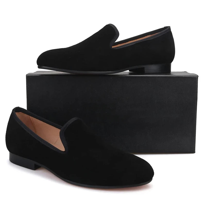 RED SOLE - Men's Luxury Red Bottom Loafers - Flock Slip-On Party Dress Shoes