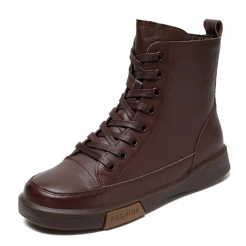 Genuine Leather Ankle Boots – Handmade Retro Lace-Up