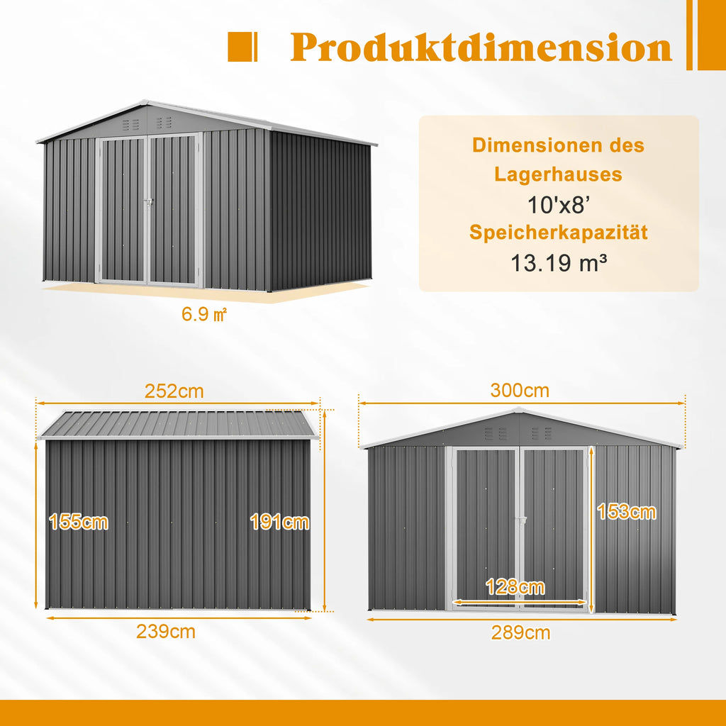 GARDEN STORAGE SHED - 289 × 239 × 191 cm - Reinforced Weatherproof Steel