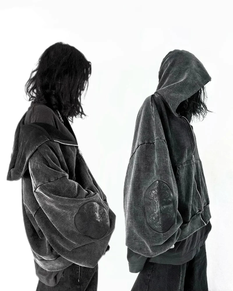 Gothic washed embroidered men's retro hip-hop Y2K zip-up hoodie, fashionable street style, pure cotton, oversized couple's sportswear