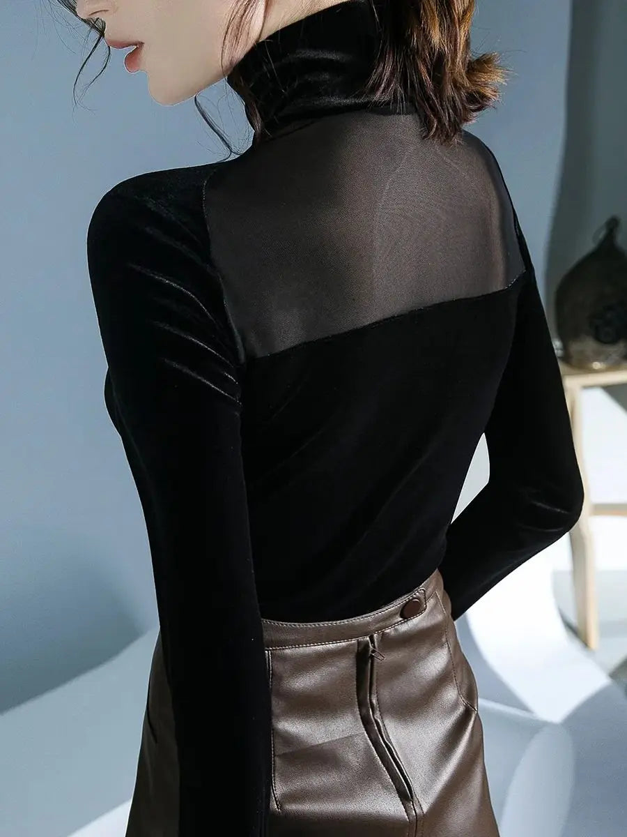 Velvet Mesh Turtleneck Top - Long Sleeve Slim Fit Elegant